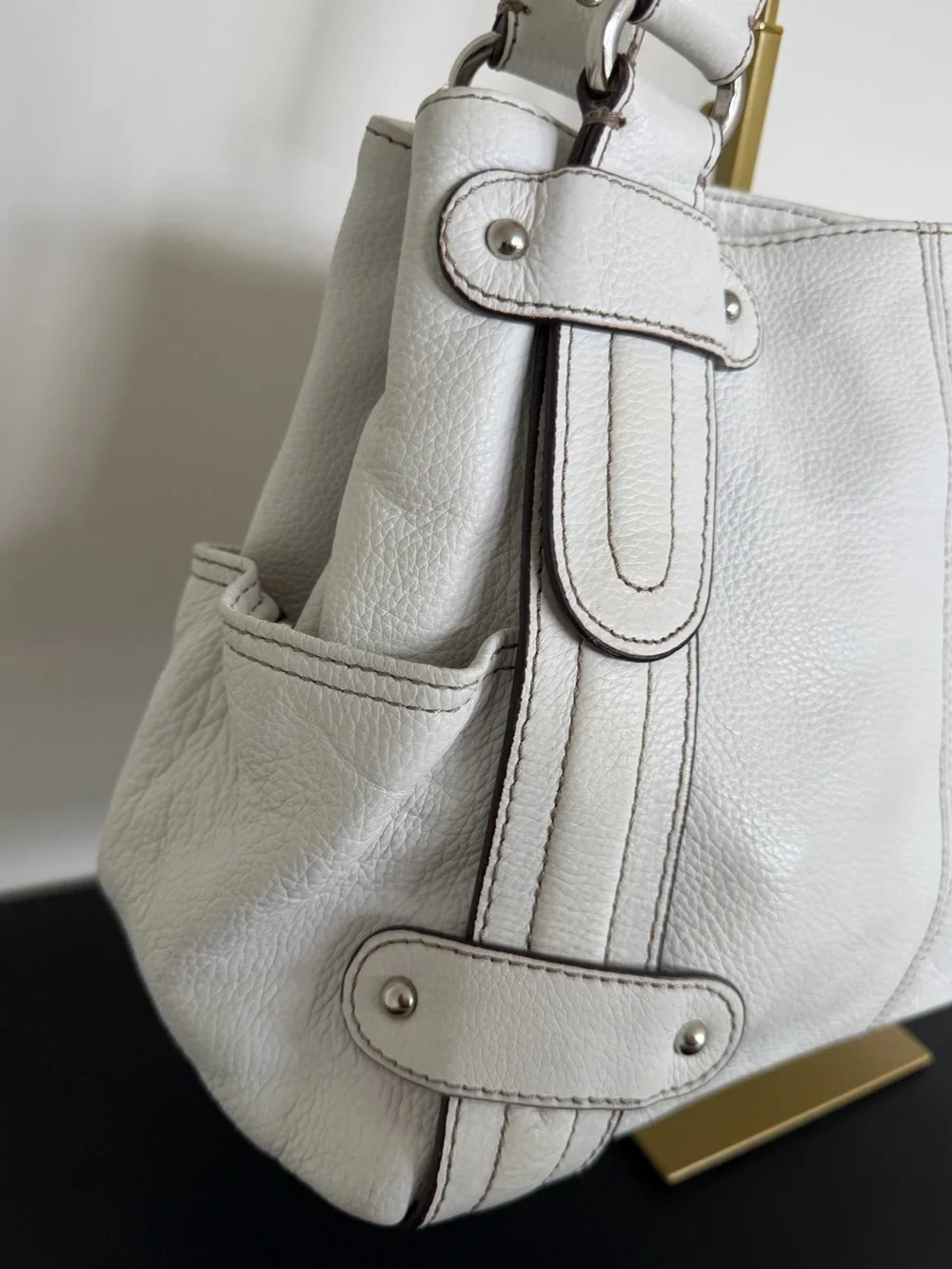 Tignanello White Pebbled Leather Shoulder Bag Tote Silver Hardware